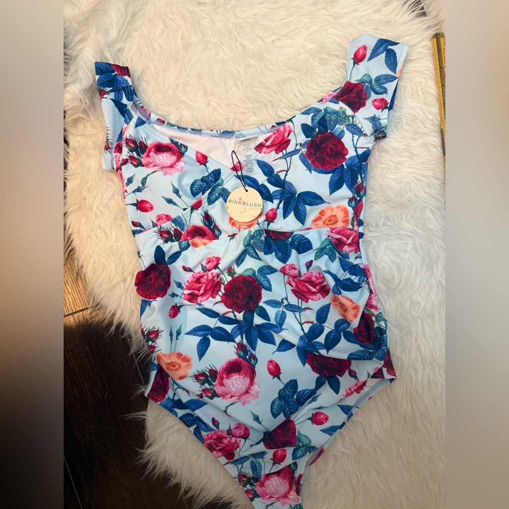 Pinkblush floral off the shoulder maternity one piece ruched swimsuit - Picture 2 of 7